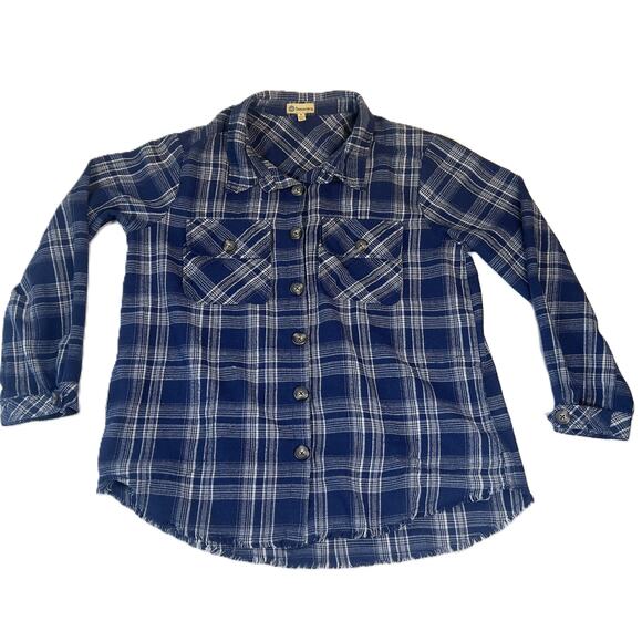 Democracy Button Shirt Woman Small Tunic Style Pockets Fringed Hem Thick Fabric - Picture 1 of 11